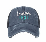 personalized embroidered cap with custom text or logo on navy blue hat